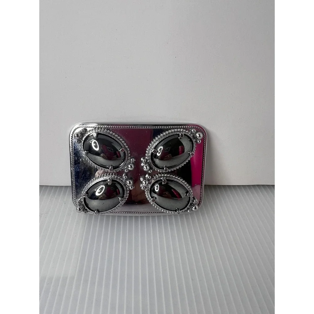 Silver Tone Western‎ Belt Buckle Four Oval Hematite Stones Cabochon Rectangular